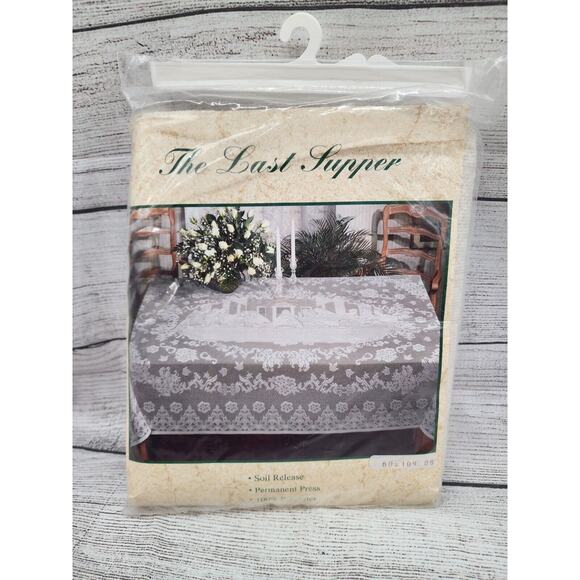 Vintage THE LAST SUPPER White Lace Tablecloth NIP 60x104 NEW Beige